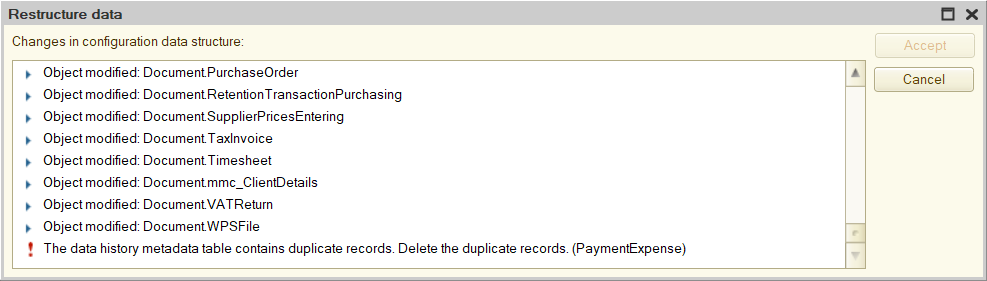 The data history metadata table contains duplicate records. Delete the duplicate records